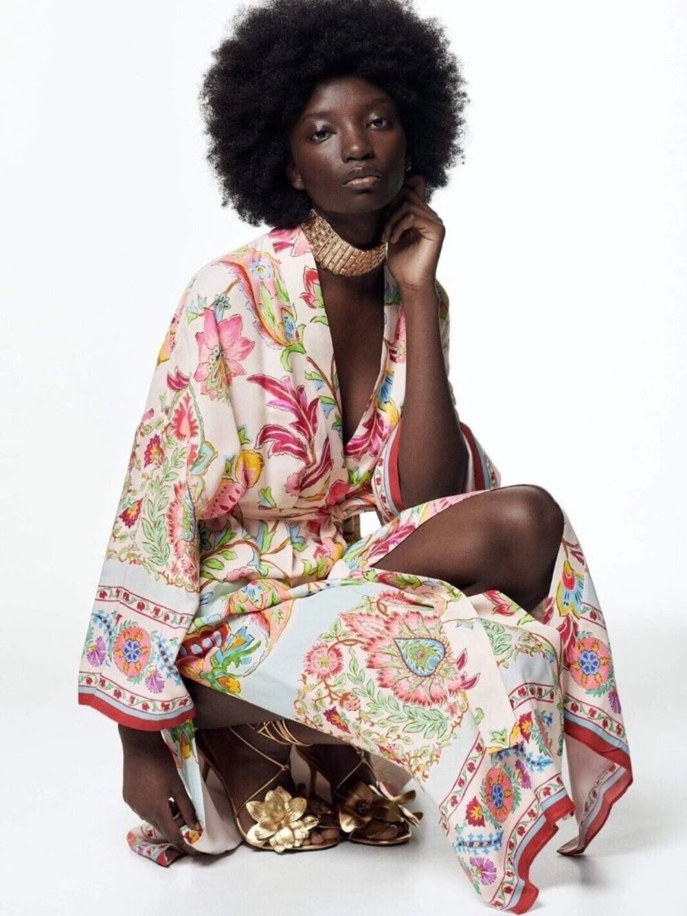 NWT Zara Floral Satin Lined Pink Multicolor Belted Kimono Robe Dress Size M
